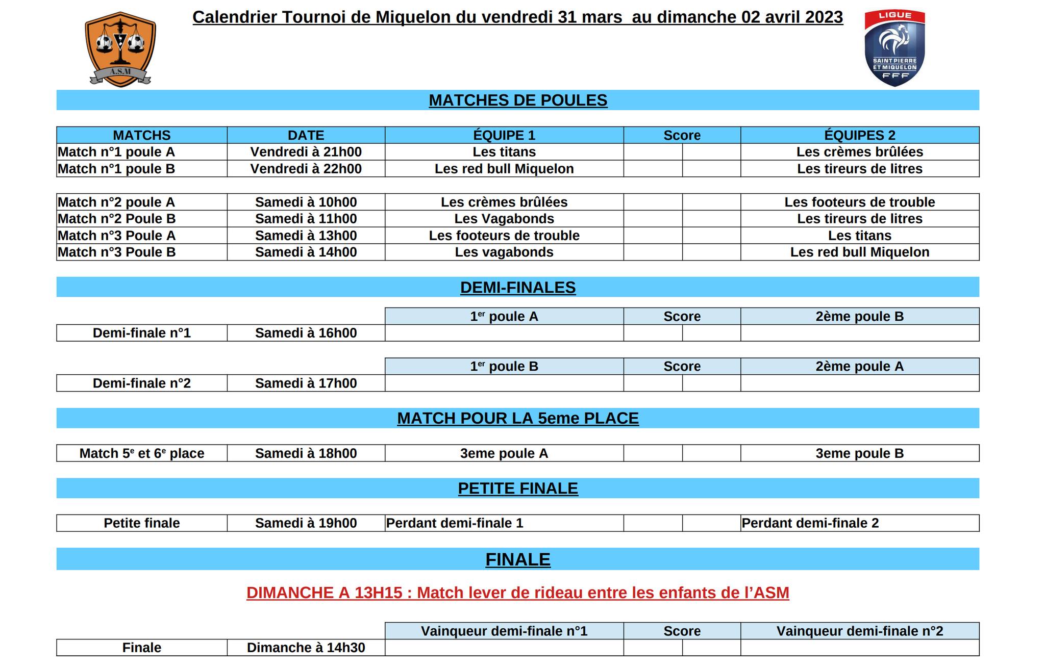 Calendrier Tournoi futsal 2023