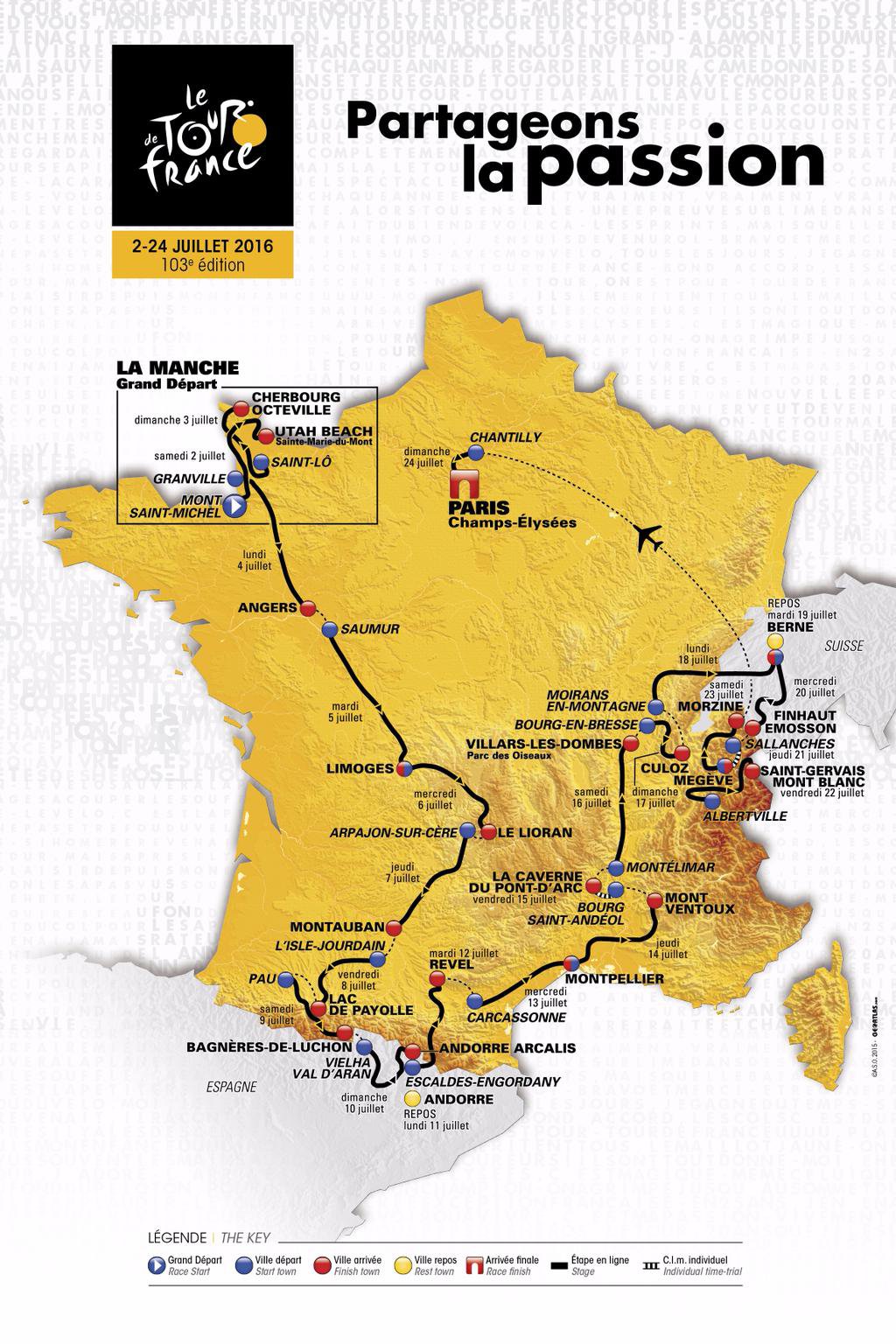 ©droits réservés/carte étapes Tour de France 2016