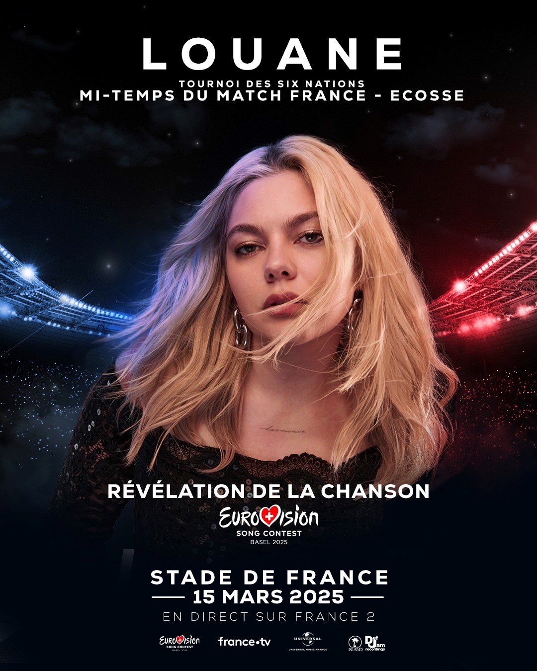 Le Samedi 15 mars prochain à 21h40 sur France 2 lors de la mi-temps du match “France/Écosse” au Stade de France, Louane dévoilera en exclusivité et en direct sa chanson qui représentera la France à l’Eurovision 2025 à Bâle le 17 mai prochain.
