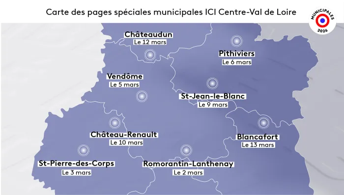 Dates des pages spéciales municipales en Centre-Val de Loire : Romorantin le 2 mars, St-Pierre-des-Corps le 3 mars, à Vendôme le 5 mars, Pithiviers le 6 mars, St-Jean-le-Blanc le 9 mars, Château-Renault le 10 mars, Châteaudun le 12 mars, Blancafort le 13 mars