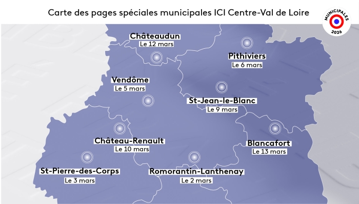 Dates des pages spéciales municipales en Centre-Val de Loire : Romorantin le 2 mars, St-Pierre-des-Corps le 3 mars, à Vendôme le 5 mars, Pithiviers le 6 mars, St-Jean-le-Blanc le 9 mars, Château-Renault le 10 mars, Châteaudun le 12 mars, Blancafort le 13 mars