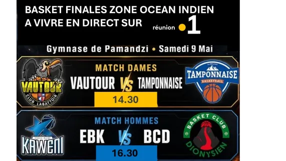 Ne manquez pas ce choc au sommet en direct du gymnase de Pamandzi, à Mayotte, sur Réunion la 1ère tv et Mayotte la 1ère tv ce samedi 09 mai 2026 : ⚡ LE PROGRAMME : •	🕒 14h30 : Finale Féminine Les joueuses de la Tamponnaise affronteront les Vautours 🦅 •	🕒 16h30 : Finale Masculine Une bataille intense entre le Basket Club Dionysien et l’Étoile Bleue de Kawéni ✨