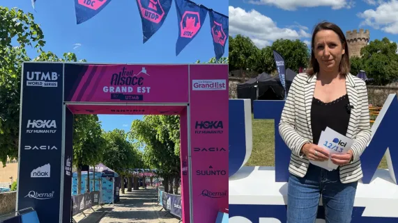Karine Gélébart sur la ligne d'arrivée du Trail Alsace by UTMB.