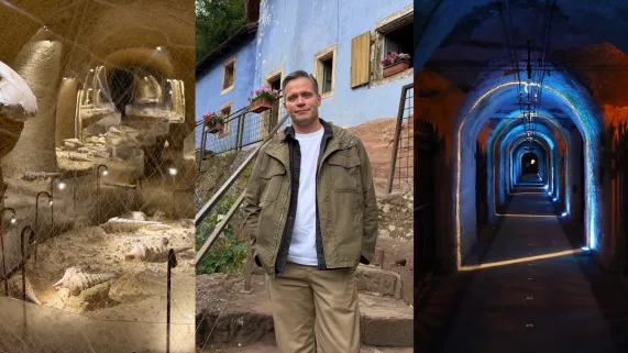 La Cave au x Coquillages, les tunnels de la Galerie Pommery et Hervé Aeschbacher devant les maisons Troglodytes d'Eschbourg