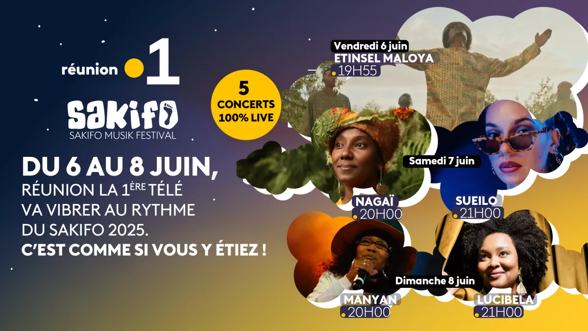 Sakifo Musik Festival du 6 au 8 juin 2025 @Reunionla1ere Réunion la 1ère, votre plus grande salle de spectacle ! Sakifo Musik Festival. Du 6 au 8 juin, La Réunion va vibrer au rythme du Sakifo sur Réunion la 1ère 3 nuits au cœur du festival 5 concerts en live Interviews exclusives