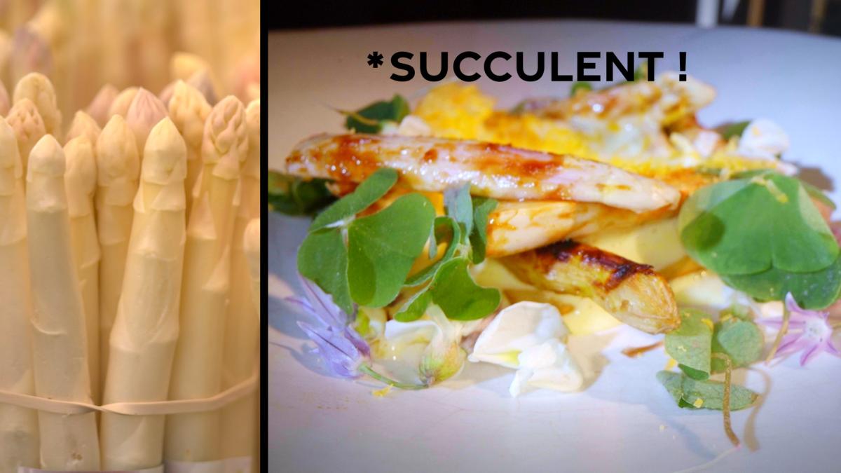 Succulent : une assiette gastronomique gourmande et une botte d'asperges
