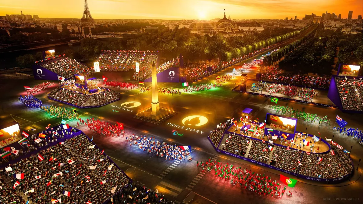 Une vue de ce que sera la parade des athlètes lors de la cérémonie d'ouverture des Jeux paralympiques de Paris en 2024, sur la place de la Concorde. Une vue de ce que sera la parade des athlètes lors de la cérémonie d'ouverture des Jeux paralympiques de Paris en 2024, sur la place de la Concorde.