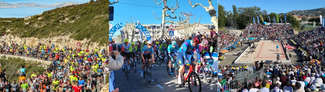 © Marseille Cassis : Guillaume Ruoppolo / Tour cycliste : Florence Brun / Pétanque : Bérénice Bury Coureurs, cyclistes et joueurs de pétanque
