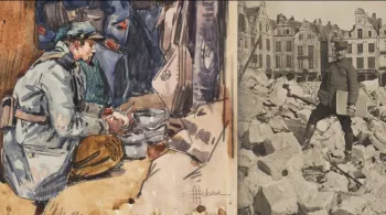 Aquarelle et Mathurin Méheut debout dans les ruines