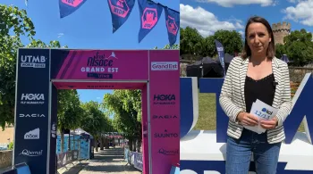 Karine Gélébart sur la ligne d'arrivée du Trail Alsace by UTMB.
