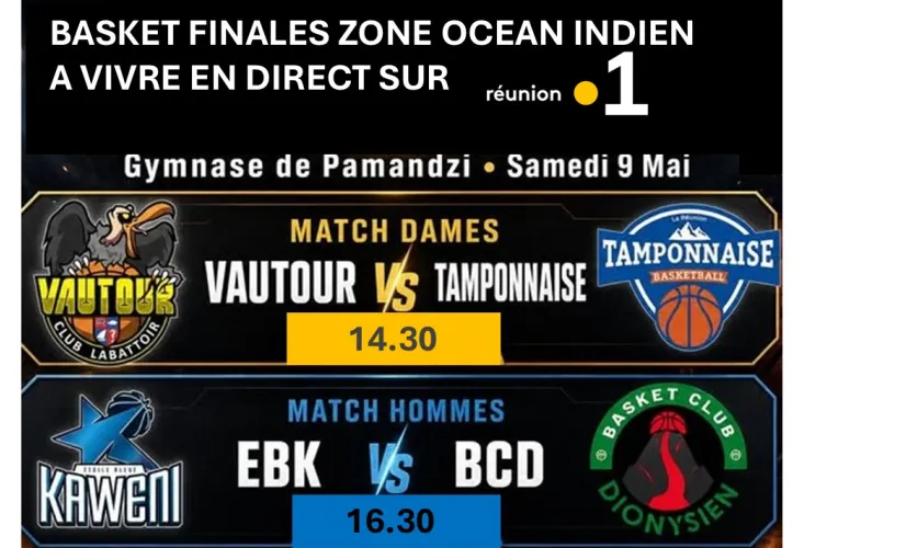 Ne manquez pas ce choc au sommet en direct du gymnase de Pamandzi, à Mayotte, sur Réunion la 1ère tv et Mayotte la 1ère tv ce samedi 09 mai 2026 : ⚡ LE PROGRAMME : •	🕒 14h30 : Finale Féminine Les joueuses de la Tamponnaise affronteront les Vautours 🦅 •	🕒 16h30 : Finale Masculine Une bataille intense entre le Basket Club Dionysien et l’Étoile Bleue de Kawéni ✨